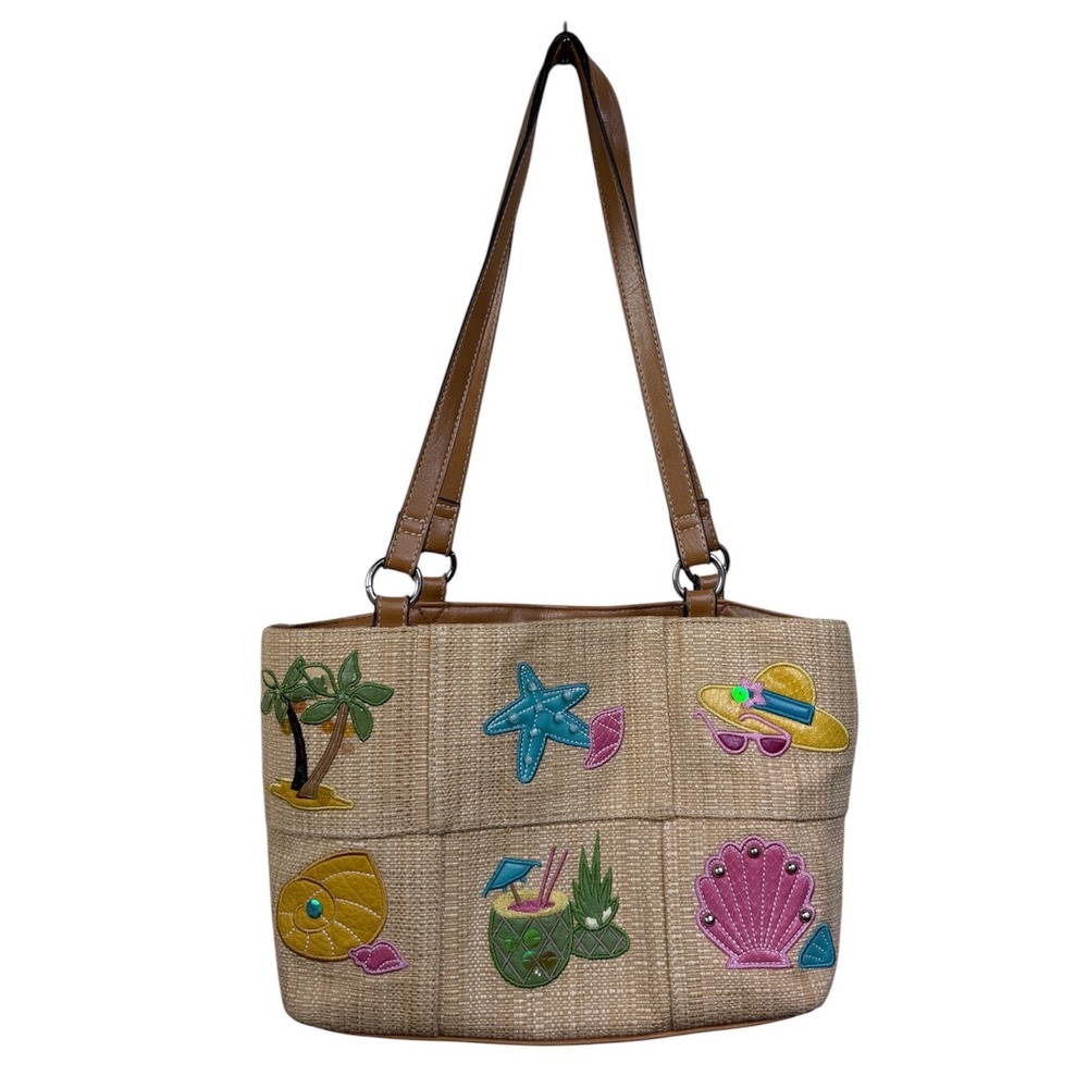 Rossetti Y2K Beach Sequin Patchwork Raffia Tote Bag with Brown Handles